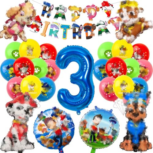 Dog Geburtstag Deko 3 Jahre, 28 Stück Hund Luftballon Deko Kindergeburtstag, Cartoon Dog Luftballon Geburtstag 3 Jahre mit Banner und Dog Luftballons, Party Deko 3 Jahre Kindergeburtstag Partydeko
