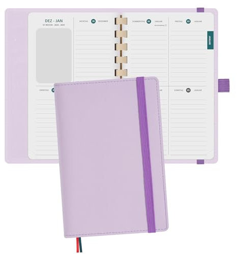 BEZEND Taschenkalender 2025 Klein [auf Deutsch] ca.A6 16 x 10 cm, Kalender 2025 Klein Ringbuch mit Softcover & Abnehmbares Papier, Terminplaner 1 Woche 2 Seite mit Kartenschlitz, Lila