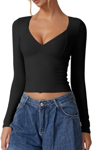 Women's Sexy V Neck Y2K Short Sleeve T Shirts Ladies Crop Tops Shirt Double Lined Tee Seamed Cup Going Out Tops (Long Sleeve-Black, S)