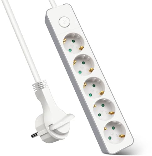EXTRASTAR Regleta Enchufe con 5 Tomas, Alargador Enchufe con Interruptor, 5 m, para El Hogar, La Oficina y Los Viajes, 3680W, 3G*1.5mm², Blanco, 1pc