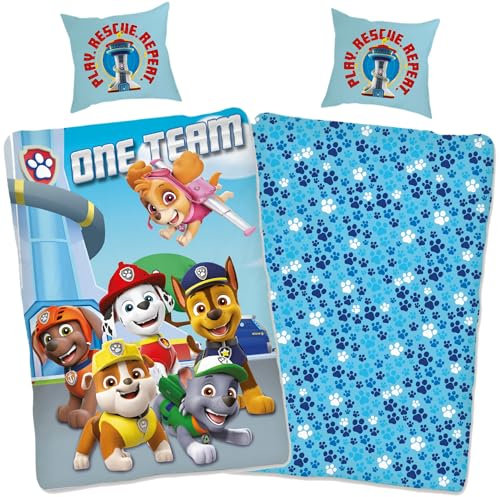 Paw Patrol Kinderbettwäsche Play – 135 x 200 cm + 80 x 80 cm – 100% Baumwolle Renforcé-Linon – Bettwäsche mit Motive von Chase, Marshall, Rubble & Skye – Reißverschluss, deutsche Größe