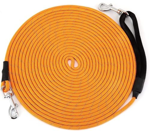 HAPPY HACHI Schleppleine für Hunde, Reflektierend Schleppleine Hundeleine mit Handschlaufe & 2 Karabinerhaken, Robuste Geflochten Trainingsleine für Kleine bis Große Hunde (Orange, 20m)