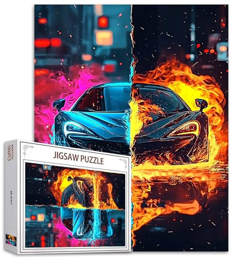 Fire Car 1000 Piece Jigsaw Puzzles für Erwachsene Auto in Neon Blau Malerei Jigsaw Puzzle Auto in Flamme Rot Puzzle herausfordernde Familienaktivität Kunst Stadtbild Puzzle Decor Fahrzeug Geschenke