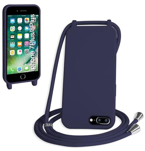 SLWYF Compatible with iPhone 6 Plus/iPhone 7/8 Plus Crossbody Lanyard Case, Liquid Silicone Protective Phone Case with Strap Adjustable Neck Cord Necklace Soft Cover for iPhone 6/7/8 Plus, Navy blue