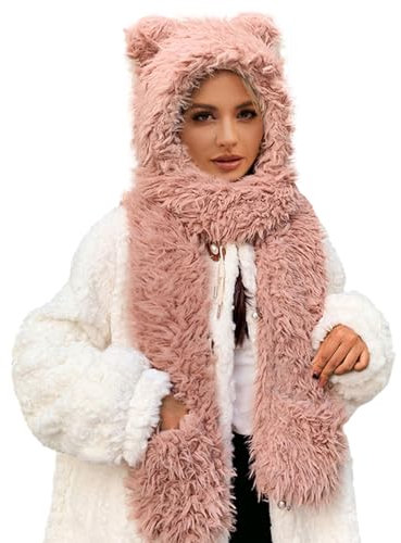 MüTze Baumwolle Damen Winter-Mütze aus Kunstflanell, Kapuzenmütze, Schal, 2-in-1-Kapuzenschal für Damen, weiße Mütze mit Ohren Damen Handschuhe Winter Warm (Pink, A)