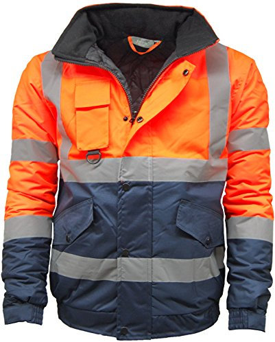 Candid Styles® Hi Vis Viz Bomber Jacket High Visibility Workwear Safety Security Hooded Padded Waterproof Taped Seams Work Wear Coat Top (Orange Navy, Medium)