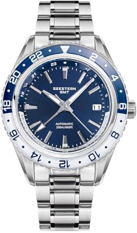 Seestern S456 GMT Automatik Stahl Datum Blau Weiß Saphir Herrenuhr, blau