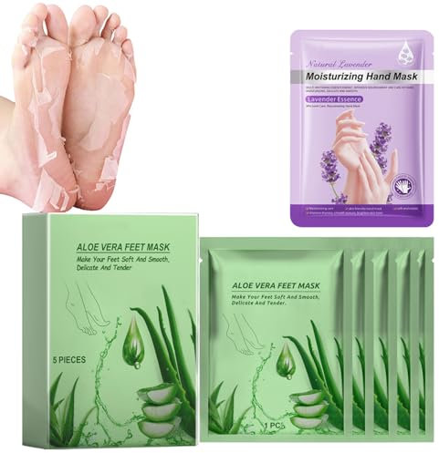5 Stück Fußmaske+1 Packung Handmaske,Aloe Feuchtigkeitsspendende Fussmaske,,Feuchtigkeitsspendendes Fussmaske Socken Feuchtigkeitsspendende,Mildes Fußmaske,Lavendel Handmaske