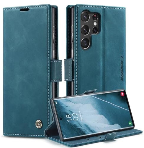 Monweicz Handyhülle für Samsung Galaxy S23 Ultra Hülle Premium Lederhülle Klappbar Flip Case Tasche Magnet Kartenfach Standfunktion Klapphülle Schutzhülle für Samsung Galaxy S23 Ultra - Blaugrün