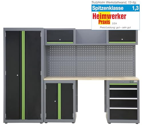 TRUTZHOLM Werkstattwand Werkstatteinrichtung 260 x 183 cm in zeitlosem anthrazit, flexibel zusammenstellbar, abschließbar, Hochschrank, Hängeschränke, Unterschränke mit Gasdruckfedern (Grün)