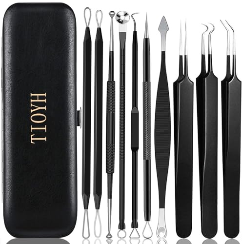 Professional Pimple Popper Tool Kit,10 PCS Blackhead Remover Tweezers,Extractor Acne Removal Kit for Easy Removal for Pimples,Comedone Extractor Tools for Removing Zit,Acne Removal Kit (Black)
