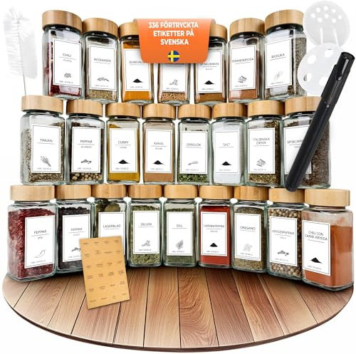 Comforder Kryddburkar Set 24 st, 336 Svenska Etiketter, 120ml, Bambulock | 2 justerbara kryddkvarnar, 36 strölock, markeringspenna, tratt, flaskborste, lufttät försegling, livsmedelssäker