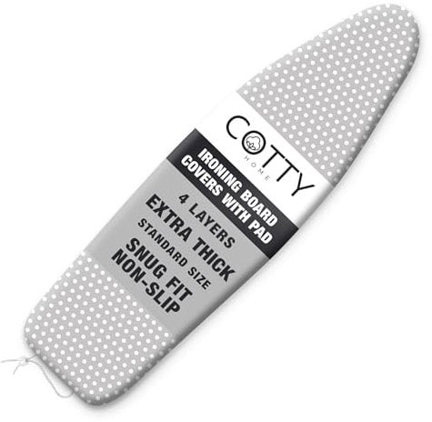 COTTY HOME 120x40 cm Extra Thick Ironing Board Covers with Pad Standard Size, Snug Fit Adjustable Drawstring Tightening with Stopper, Heat Reflective, Nose Pocket and Fastener Straps, Grey Dots