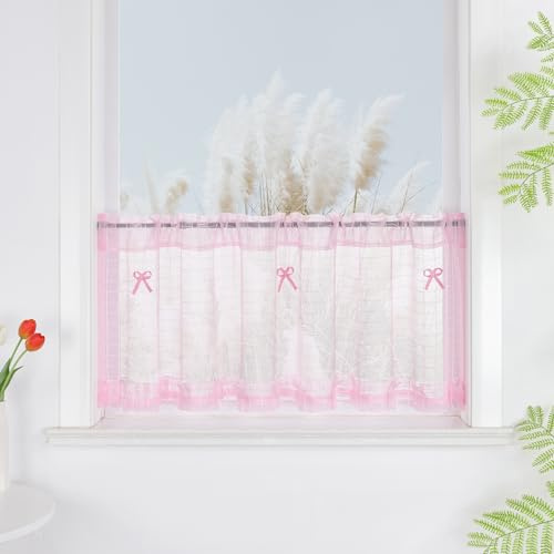 Yujiao Mao Rideau Brise-Bise Petite Fenêtre Voilage Transparent Rose avec Nœud 1 Pièce Style Moderne pour Cuisine Chambre d’Enfant Salon LxH 90x90cm