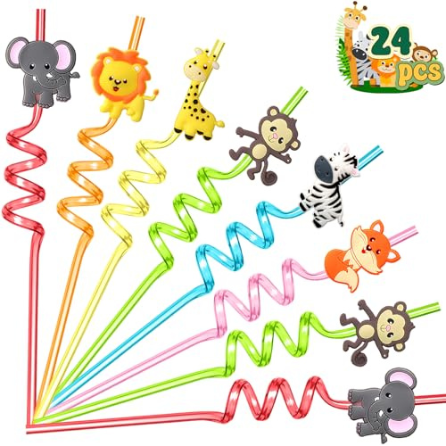 AFZMON Safari Animal Party Decorations Favors Silly Plastic Straws Bulk, 24Pcs Wild Jungle Straws for Kids Toddlers Zoo Birthday Party Goodie Bags Stuffers Classroom Gifts
