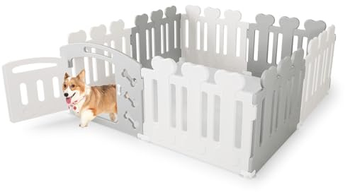 GYMAX Parc pour Chien à 8 Panneaux en Forme d'Os, Enclos Intérieur Extérieur avec Porte Ouvrable, Barrière de Sécurité en Plastique avec Ventouse, 155x155x61cm