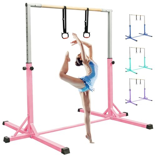 FBSPORT kids Gymnastics Bar Horizontal Bar with Gymnastic Rings,13 Height Adjustable Junior Training gym Bar Gymnastics Training Equipment for Indoor Outdoor
