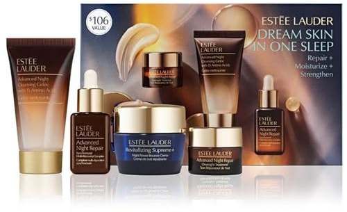 Estée Lauder Dream Skin In One Sleep 4-Piece Skincare Set | Repair + Moisturize + Strengthen | Includes Cleanser 1 Fl Oz, Face Serum 0.5 Fl Oz, Moisturizer 0.5 Ounce & Overnight Treatment 0.24 Fl Oz