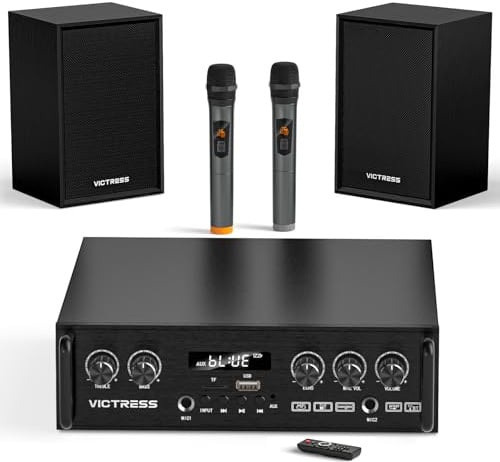 VICTRESS Amplificatore Bluetooth, sistema Home Theater, 80 W, set di altoparlanti stereo con 2 microfoni wireless, 2 altoparlanti, ingressi RCA coassiali AUX USB TF, soggiorno, camera da letto, spazi