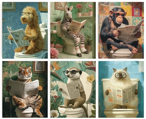 INFUNLY 6 Set Funny Animal Bathroom Wall Art Dog Reading Newspaper on Toilet Canvas Wall Art Prints Unframed Humor Posters Pictures Gorilla Prints Tiger Poster Sticker for Bedroom Living Room 8x10inch