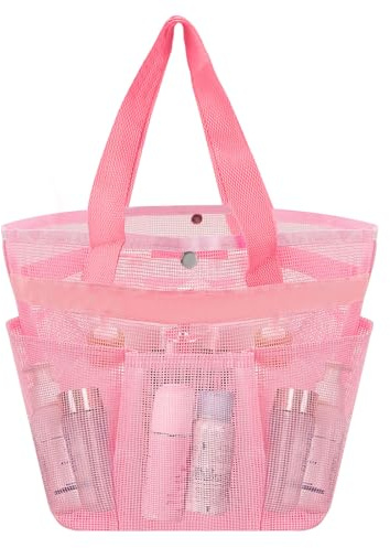 LELE LIFE Netz-Dusch-Caddy Tragbarer Kulturbeutel für Wohnheim, Duschtasche mit Knopf und Griff, 7 Taschen, große Kapazität, Korb für Camping, Badezimmer, Reisen, Fitnessstudio, Wohnmobil (Rosa)