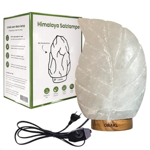 Orakl - Dimmbare Salzlampe Leaf - 2-4 KG - 100% echtes Himalaya Salz aus Salt Range Pakistan - Salzkristall-Lampe - Salzstein - Tischlamp inkl. 1x 15W Glühbirnen und Geschenkbox (Weiß)