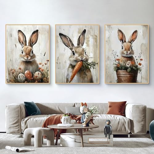 TROYSINC 3er Vintage Ostern Bilder Set, Niedlichen Hasen, Eiern & Karotten Wandbilder Set Poster & Kunstdrucke, Bilder Kinderzimmer Deko Babyzimmer, Geschenk Mädchen Jungen, Ohne Rahmen (40x50cm,ABC)