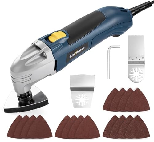 Enventor Multiherramienta Oscilante 200W, 22000 OPM | ángulo de oscilación 3°, Herramienta Multifunción incluye 1 raspador, 1 hoja de sierra y 16 lijas para cortar, tallar y pulir