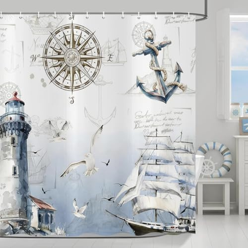 ASDCXZ Nautisch Küste Duschvorhang 180x200 cm, Ozean Strand Leuchtturm Segelboot Kompass Anker Möwe Maritim Wasserdicht Badvorhang Polyester Textil Waschbar Duschvorhänge für Badewanne mit 12 Haken