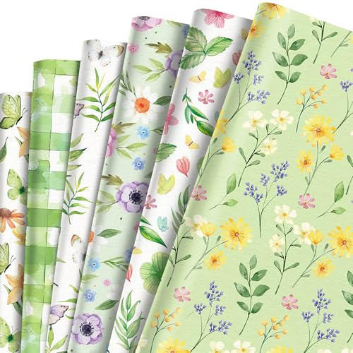 12 Blätt Geschenkpapier Blumen Geschenkpapier Geburtstag,6 Stile Grün Floral Blumen Papier für Sommer Frühling Urlaub Hochzeit Geburtstag Gift Wrapping Paper DIY Zubehör,50 x 68 cm