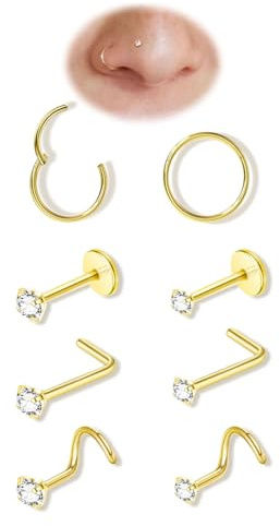 8 Stück Nasenpiercing Titan Nasenring Gold Silber Dünn Nasenpiercing Stecker für Damen Herren 20G Screw/Straight/L Septum Tragus Conch CZ Ohrringe Lippenpiercing Nasen Piercing Ringe Schmuck