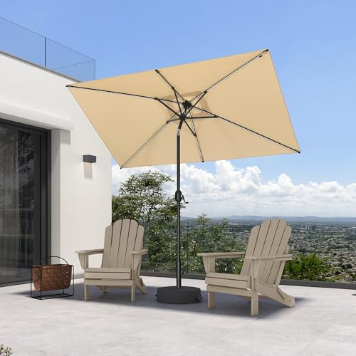 PURPLE LEAF Sonnenschirm 150 × 250 cm LED mit Sandsack 30° Neigbar, Beige | 6 Solar-LED-Schirmstreben, Kurbel für schnelles Öffnen, 30° Neigung, Gartenschirm Robuster Mast, 180g/m² Polyester UV-Schutz