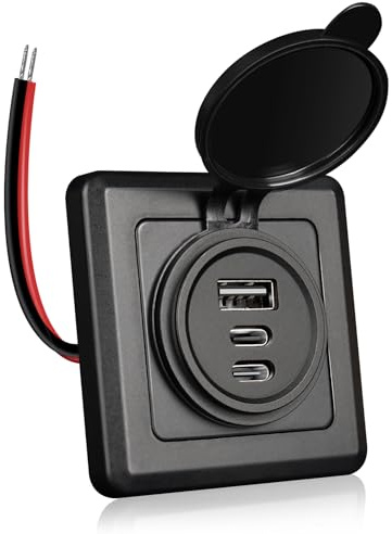 RVSPARK Campervan USB Socket 12V, 3 Port Aluminum USB-C Charger, Black | Dual USB-C and USB-A, Fast Charging, Surface Mount with Faceplate, For Motorhome, Boat, Caravan, 1 Pack