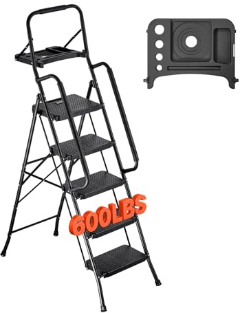VEVOR Escabeau Pliant 5 Marches Marchepied Pliable Charge 272 kg Échelle Domestique Acier pour Cuisine, Bureau, Travaux Ménagers, avec Large Marche Antidérapante, Plateau à Outils, Double Rampe, Noir