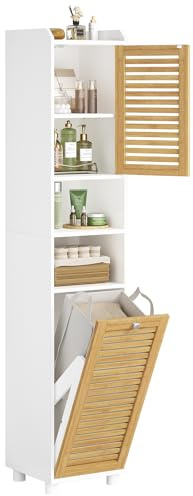 FORABAMB Meuble Colonne Salle de Bain, Meuble de Rangement avec Etagère Réglable, 2 Paniers à Linge, 2 Étagères Ouvertes et 2 Portes en Bambou, Armoire de Salle de Bain Haute, 30 x 30 x 170 cm