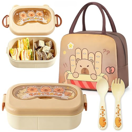 FCXVXCL Capybara Fiambrera Bento, Caja de Almuerzo Lunch Box con Bolsa Térmica Cubiertos Cajas Bento a Prueba de Fugas Bentos Box Lonchera Caja de Almuerzo Escuela para Escuela,Pícnic,Trabajo,Viajes