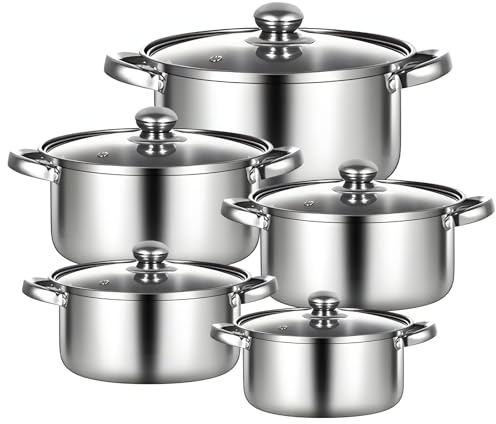 Set de Casseroles & Poele Inox 10 pcs, 5 Tailles (16 à 24 cm) Revêtement Anti-adhésif, Poêles & Couvercle Casserole, Ustensiles Cuisine Idéal Induction Cuisinère Gaz & Vitrocéramique (10PCS)