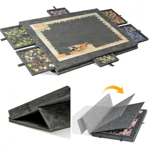 Ccarzzi Tilting Jigsaw Puzzle Board, 1000 Pieces Lightweight Puzzle Board with 2-in-1 Designed Stand & Cover, Anti-slip Felt Jigsaw Board with 6 Drawers for Adults and Kids - Dark Gray