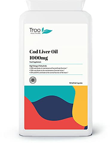 Troo Health Care Cod Liver Oil Supplement 1000mg - 90 Soft Gel Capsules - Daily Omega 3 Supplement with DHA and EPA Essential Fatty Acids to Support Normal Function of The Heart, Brain and Eyes