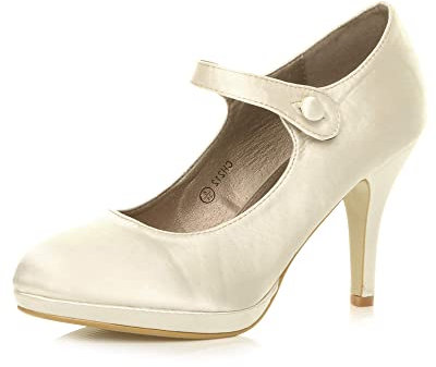 Womens Ladies mid high Heel Mary Jane Strap Evening Court Shoes Pumps, 6 UK, Ivory Satin