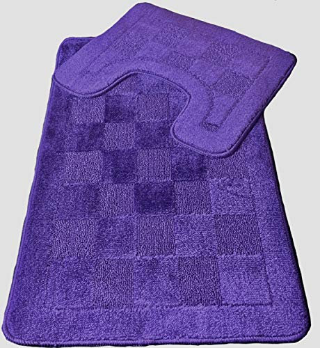 Bathroom Shower 2 Piece Bath Mat Set Non Slip & Toilet Pedestal (Check Design) (Lilac Purple)