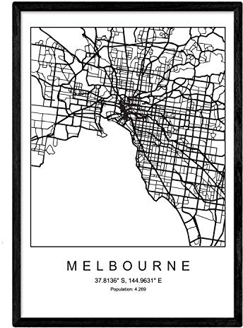 Carte Nacnique de la ville Melbourne Nordic Style en noir et blanc. Affiche A3 Taille encadrée avec du papier noir imprimé 250 gr. Photos, draps et affiches pour salon et chambre à coucher