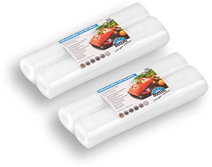 4 x BOTTINI Vakuumrollen goffriert mit Struktur 28 x 600 cm Sous Vide, Folien in Profiqualität mit Siegelrand und Struktur Vakuumbeutel für alle Vakuumierer