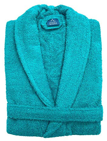 Alpes Blanc - Peignoir de Bain - Col Châle - Éponge 100% Coton - Pour Hommes et Femmes - Idéal pour la sortie de Bain, Spa ou après le Sport - Bleu Canard - Taille M