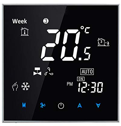 Qiumi Termostato WiFi 4 Tubos Programable para Climatización, Panel Negro | Alimentación 95-245VAC 5A, compatible con Alexa y Google Home, programación personalizada