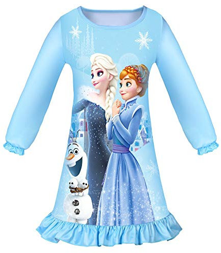 Monissy Robe Pyjama de Nuit Col Rond Manches Longues Bas à Volants Princesse Fille Chemisier Longue Reine de Neiges Elsa Anna Olaf Imprimé Eté Nouveau Style,Bleu,120