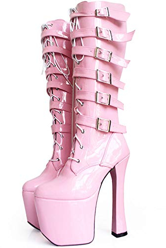 TIKENBST Tacchi Donna Tacchi Alti 20CM Stivali Stringati Con Tacco Alto Stivali In Vernice Nera Stivali Da Ballo Alla Moda Ginocchio Alto,Pink-43