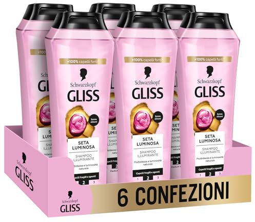 Schwarzkopf Gliss Seta Luminosa Shampoo Illuminante, 6 confezioni da 250ml, Shampoo illuminante e protettivo con Ceramidi e Seta, Prodotti per capelli fragili e spenti