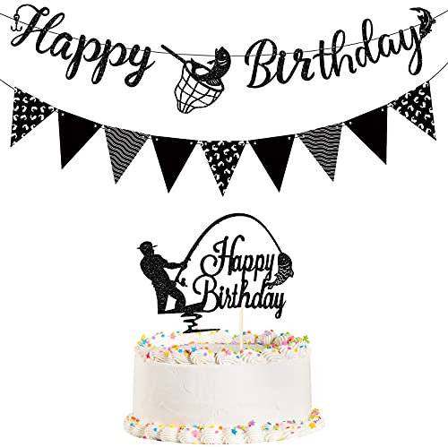 3 Pieces Fishing Birthday Banner Decoration Fisherman Cake Topper Triangle Banner Glitter Go Fishing Theme Happy Birthday Cake Decoration for Men Black Party Supplies