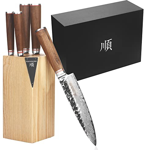 YOUSUNLONG Ensemble de couteaux de cuisine 5 pièces avec support en bois de Fraxinus américain-Japonais VG10 Damas-manche en bois de noyer naturel avec boîte-cadeau